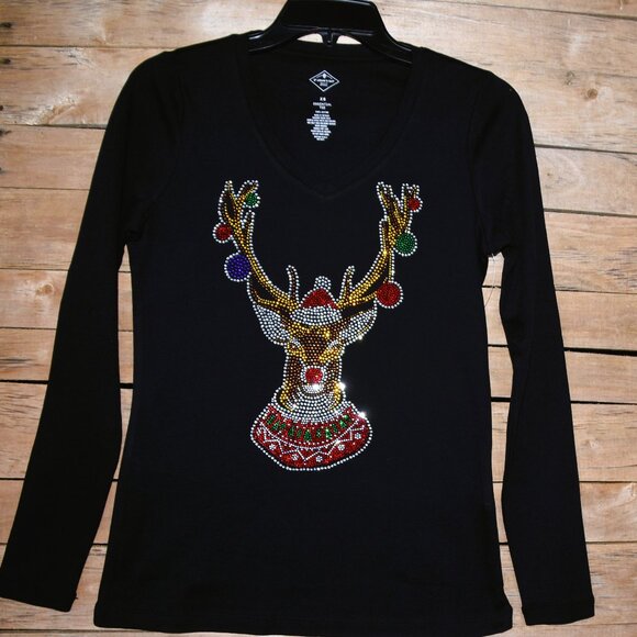 Christmas Deer in sweater rhinestone bling long sleeve shirt XS S M L XL XXL 1X… - Picture 2 of 8